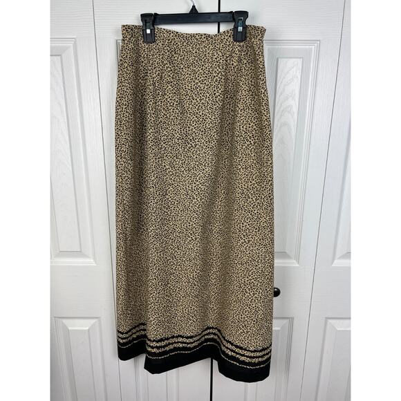 Vtg Liz Baker Brown Skirt Medium Leopard Cheetah Print Midi Career Boho 90s - Picture 6 of 7